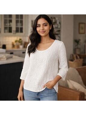 Linnea White Linen Blend Waffle Textured Top Sz Small USA Made
